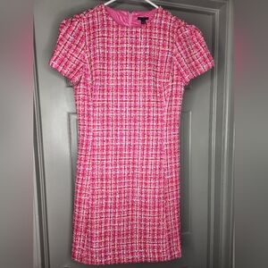 Ann Taylor Fit Flare Tweed Dress 4 Pink Plaid Short Sleeve Crew Neck NWT $159